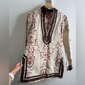 Tory Burch Cream and Brown Embroidered Tunic